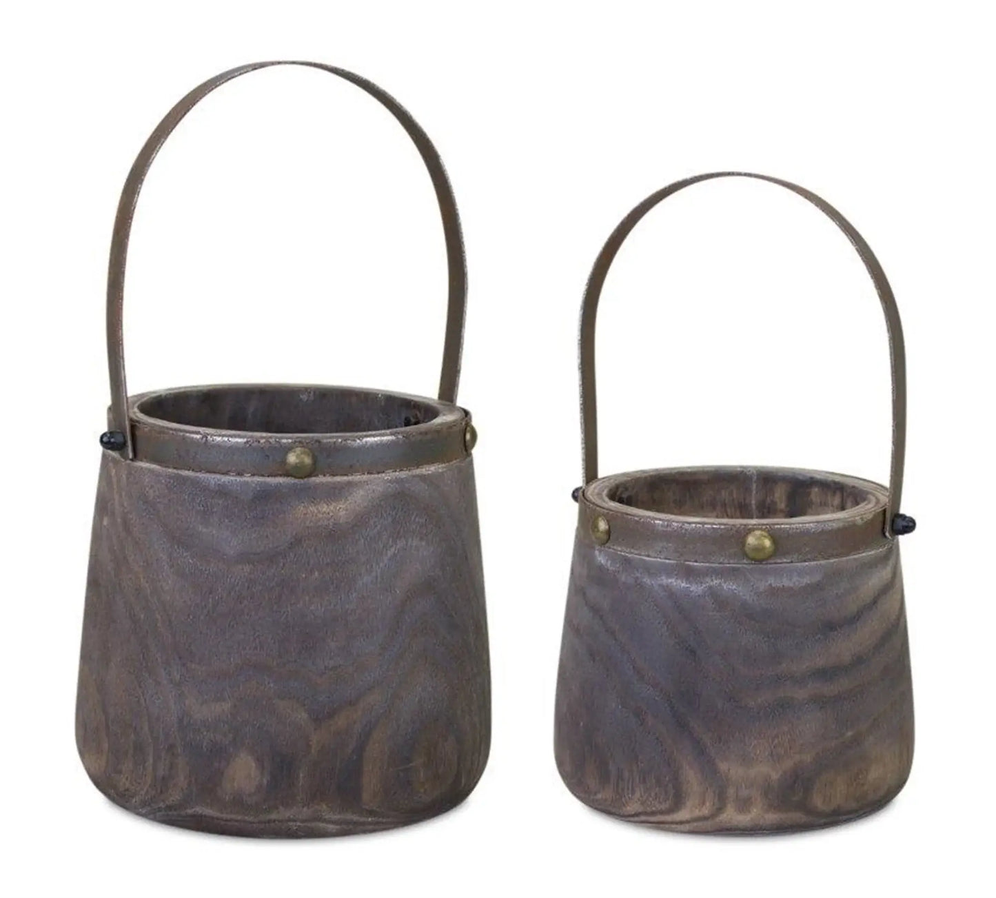 Set of Two Brown Wood And Steel Bucket Pot Planters - Homeroots - Flyclothing LLC