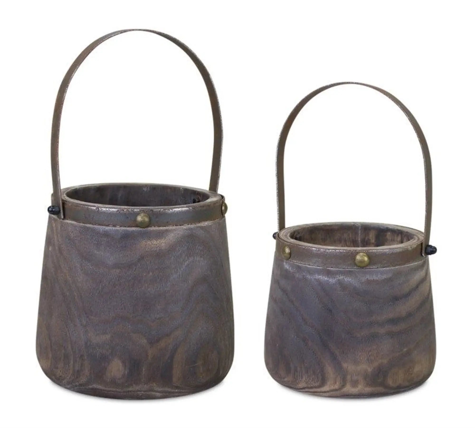 Set of Two Brown Wood And Steel Bucket Pot Planters - Homeroots - Flyclothing LLC