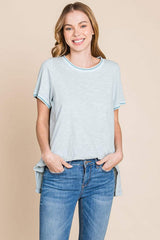 Cotton Bleu by Nu Lab Contrast Trim Short Sleeve Slit T-Shirt - Trendsi - Flyclothing LLC