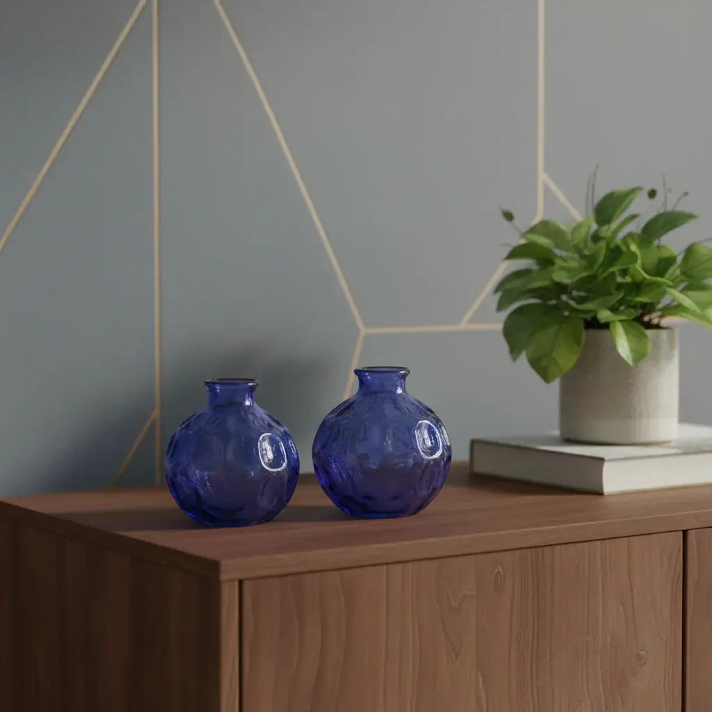 Set of Two Blue Glass Round Table Vases - Homeroots - Flyclothing LLC