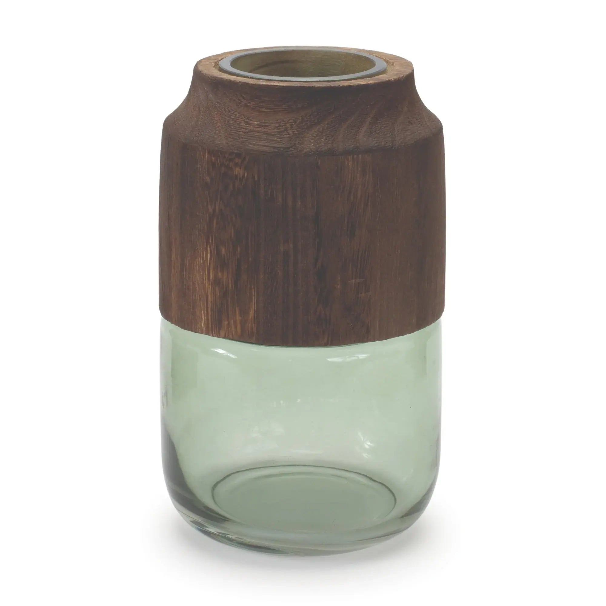 9" Brown And Sage Glass Cylindrical Table Vase With Wood - Homeroots - Flyclothing LLC