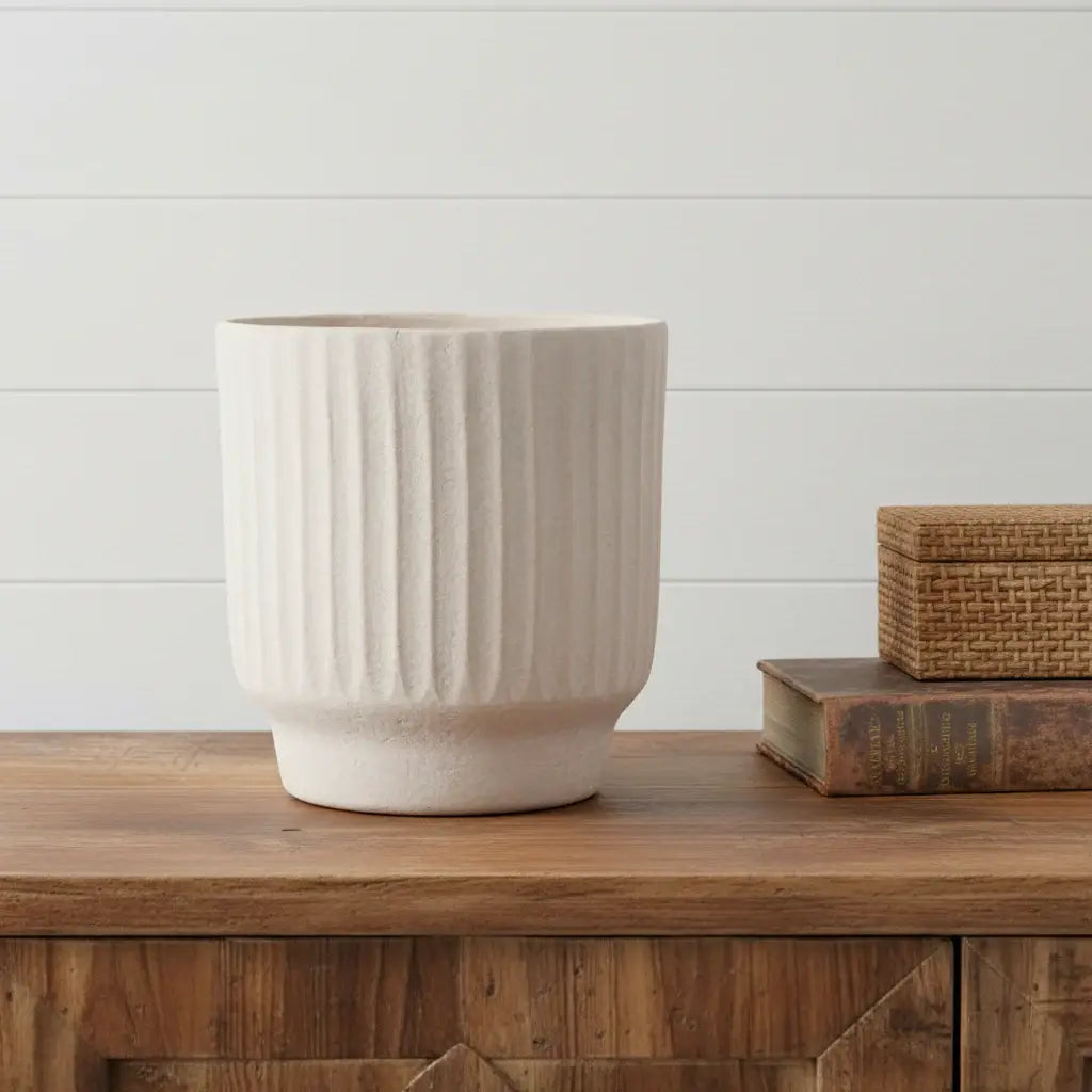 8" Beige Recycled Paper Textured Lines Urn Table Vase - Homeroots - Flyclothing LLC