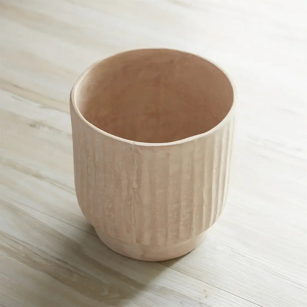 8" Beige Recycled Paper Textured Lines Urn Table Vase - Homeroots - Flyclothing LLC