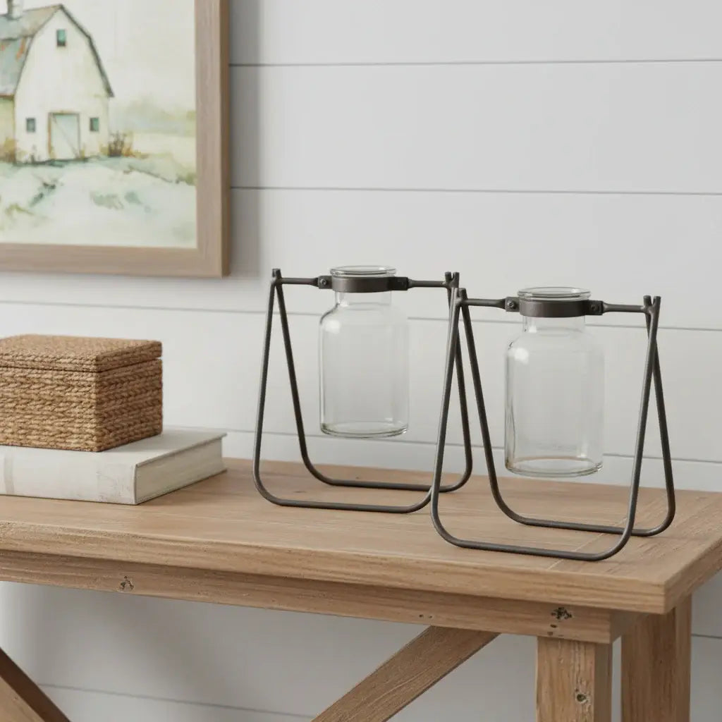 Set of Two Clear And Brown Glass And Metal Round Table Vases - Homeroots - Flyclothing LLC