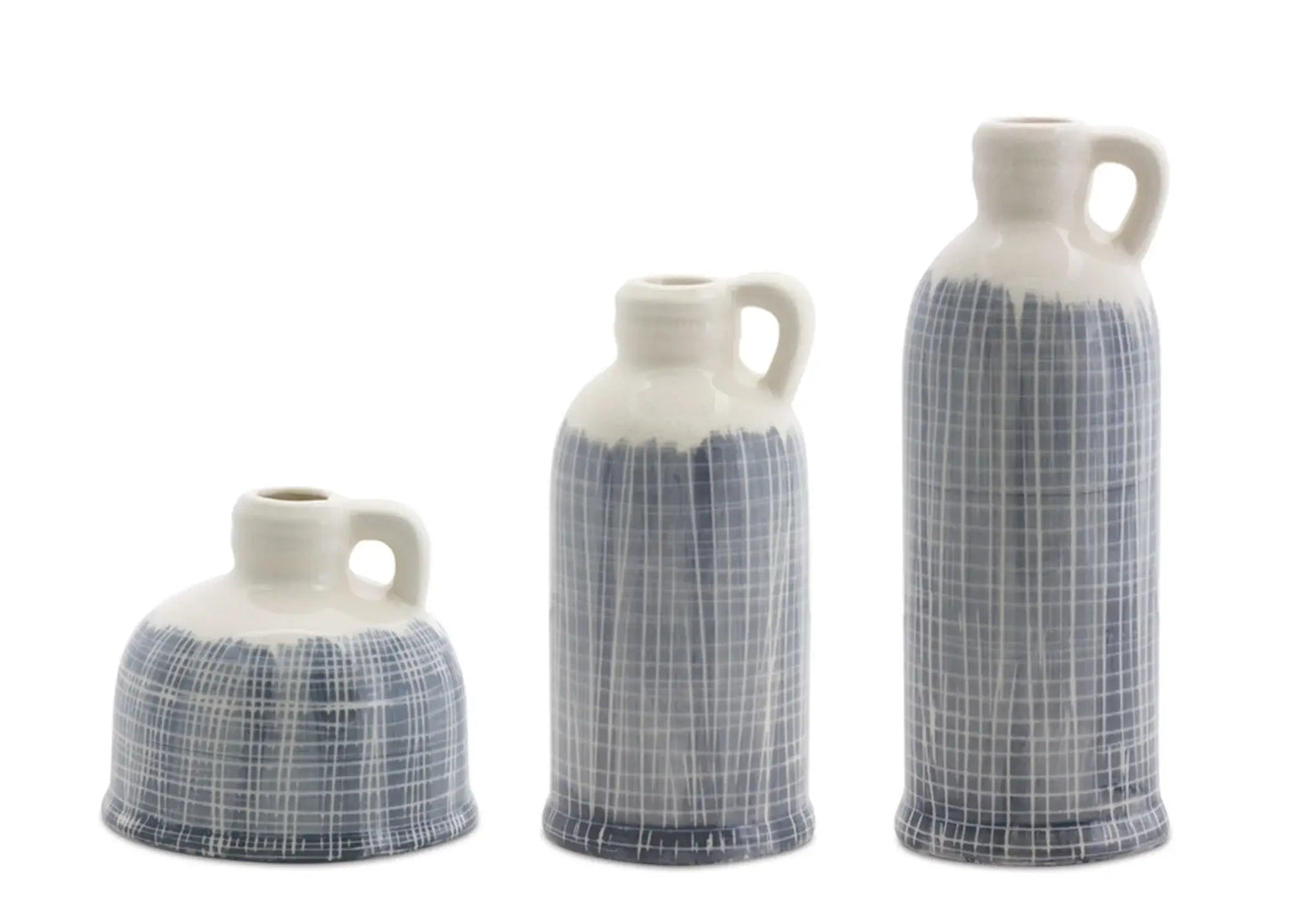 Set of Three Off White And Blue Clay Checkered Jug Vases - Homeroots - Flyclothing LLC