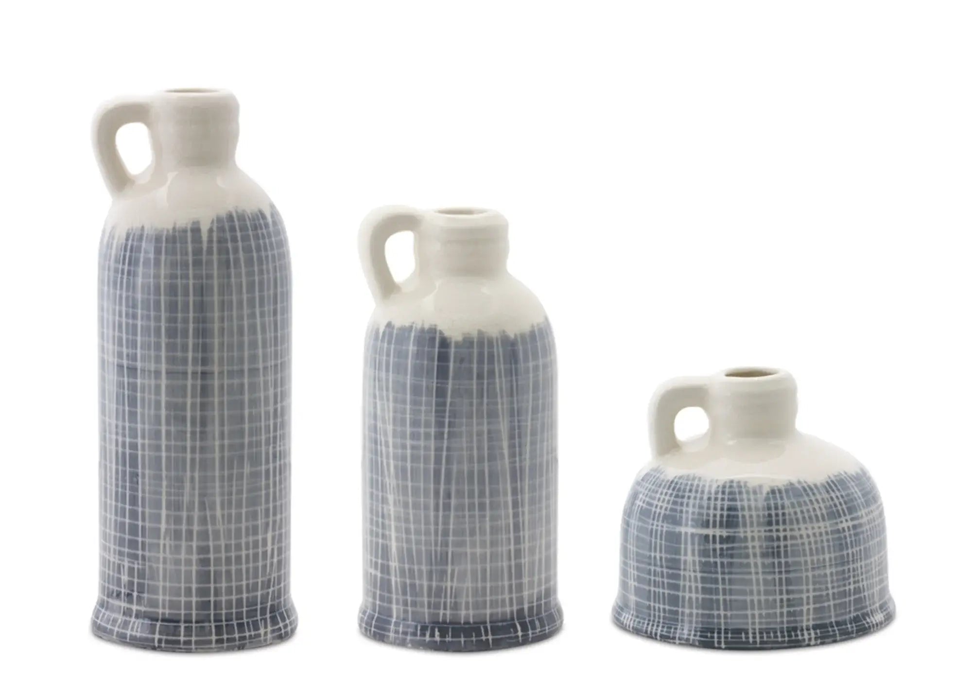 Set of Three Off White And Blue Clay Checkered Jug Vases - Homeroots - Flyclothing LLC