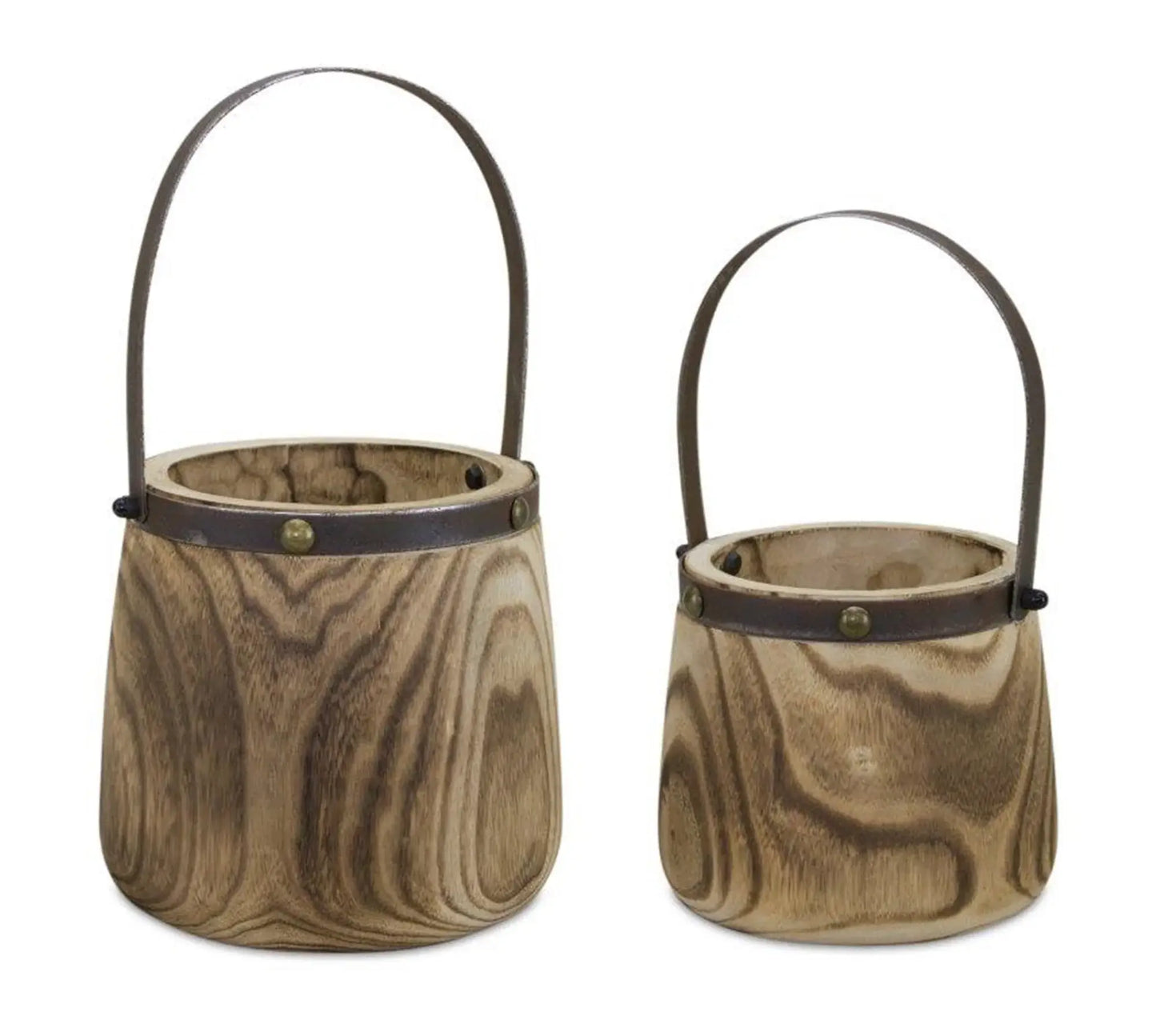 Set of Two Natural Wood And Steel Bucket Pot Planters - Homeroots - Flyclothing LLC