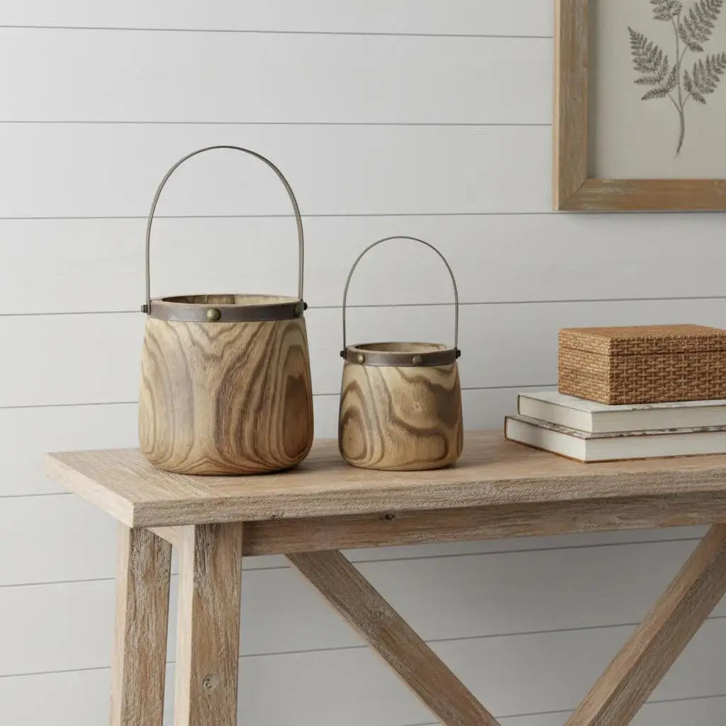 Set of Two Natural Wood And Steel Bucket Pot Planters - Homeroots - Flyclothing LLC