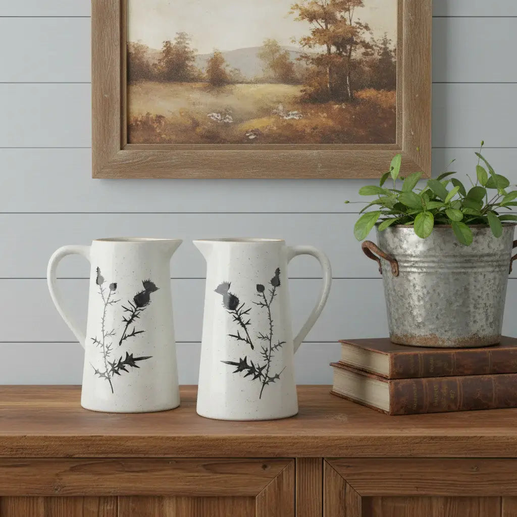 Set of Two Black And Off White Floral Ceramic Cylinder Pitcher Vase - Homeroots - Flyclothing LLC