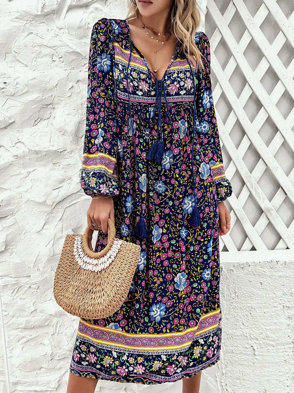 Tassel Tied Printed Long Sleeve Dress - Trendsi - Flyclothing LLC