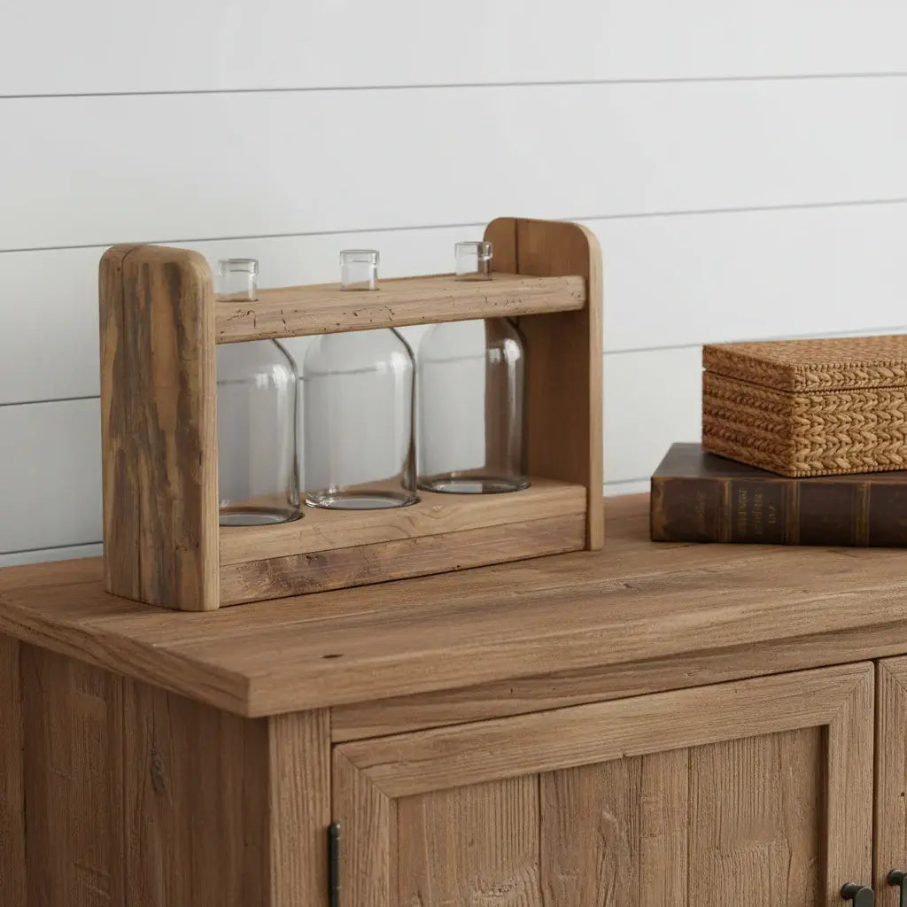 10" Clear And Brown Glass And Wood Three Bottle Table Vase - Homeroots - Flyclothing LLC