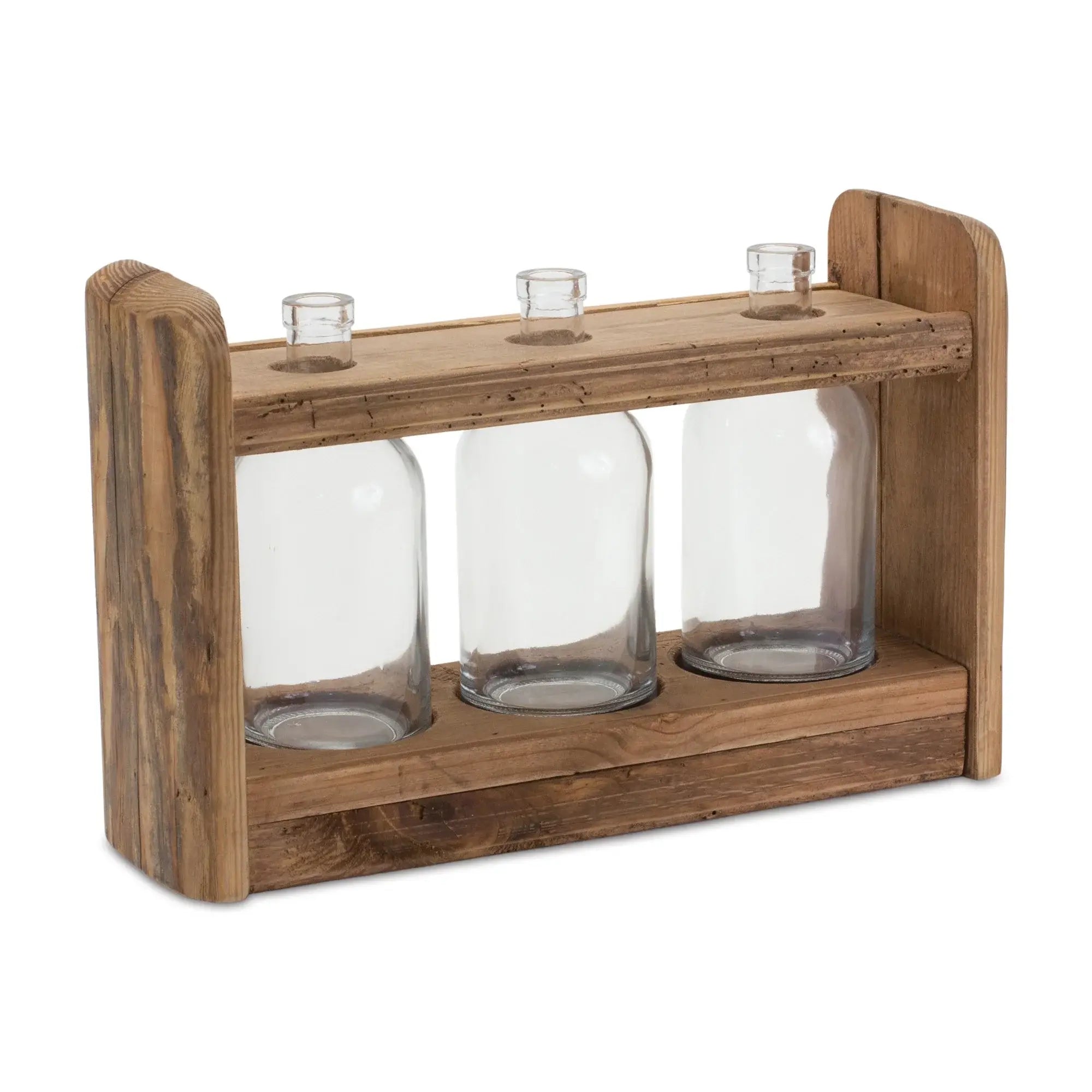 10" Clear And Brown Glass And Wood Three Bottle Table Vase - Homeroots - Flyclothing LLC