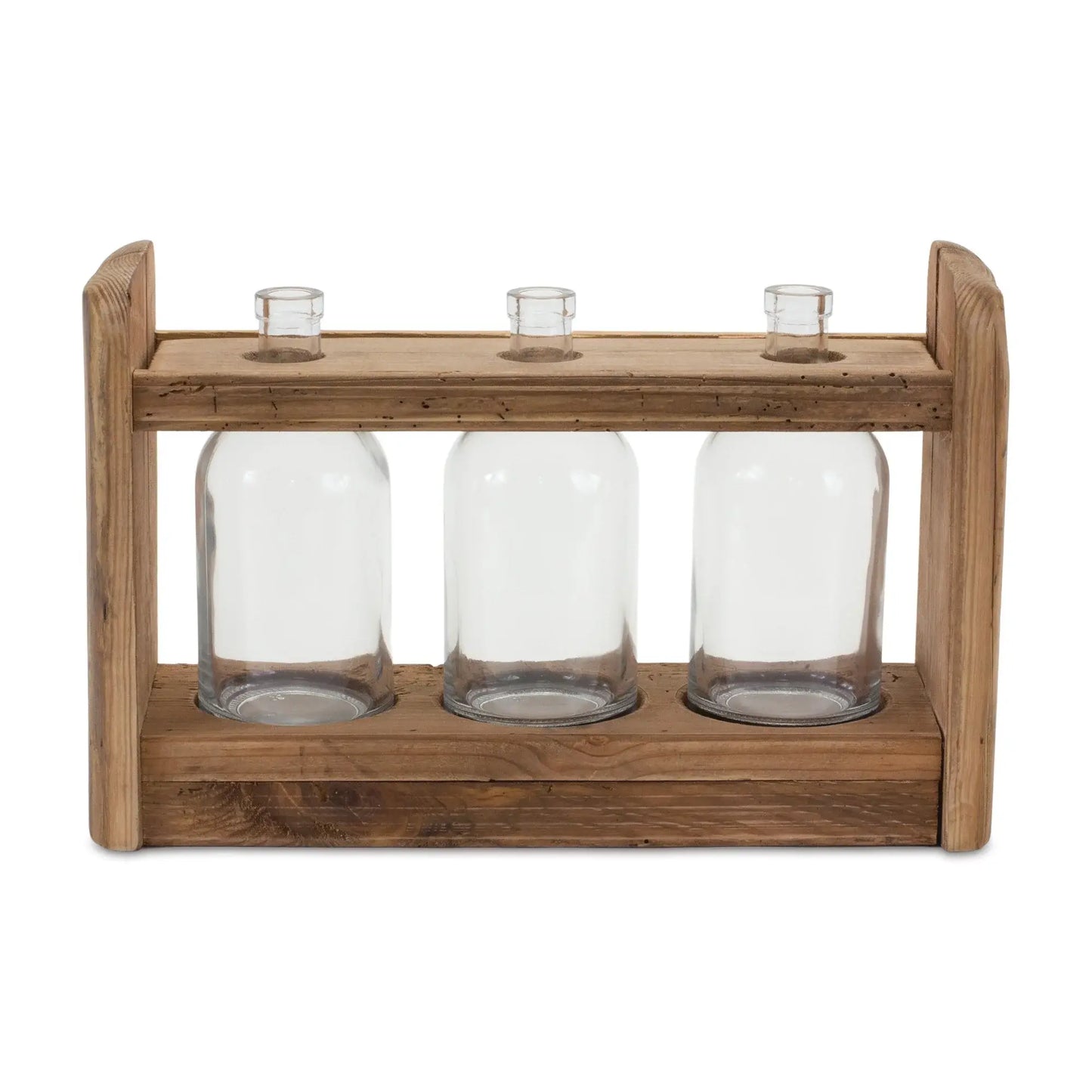 10" Clear And Brown Glass And Wood Three Bottle Table Vase - Homeroots - Flyclothing LLC