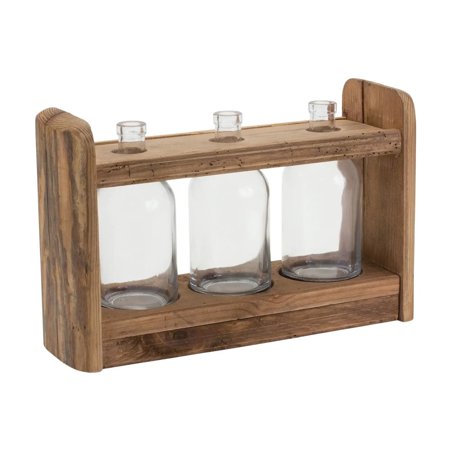 10" Clear And Brown Glass And Wood Three Bottle Table Vase - Homeroots - Flyclothing LLC