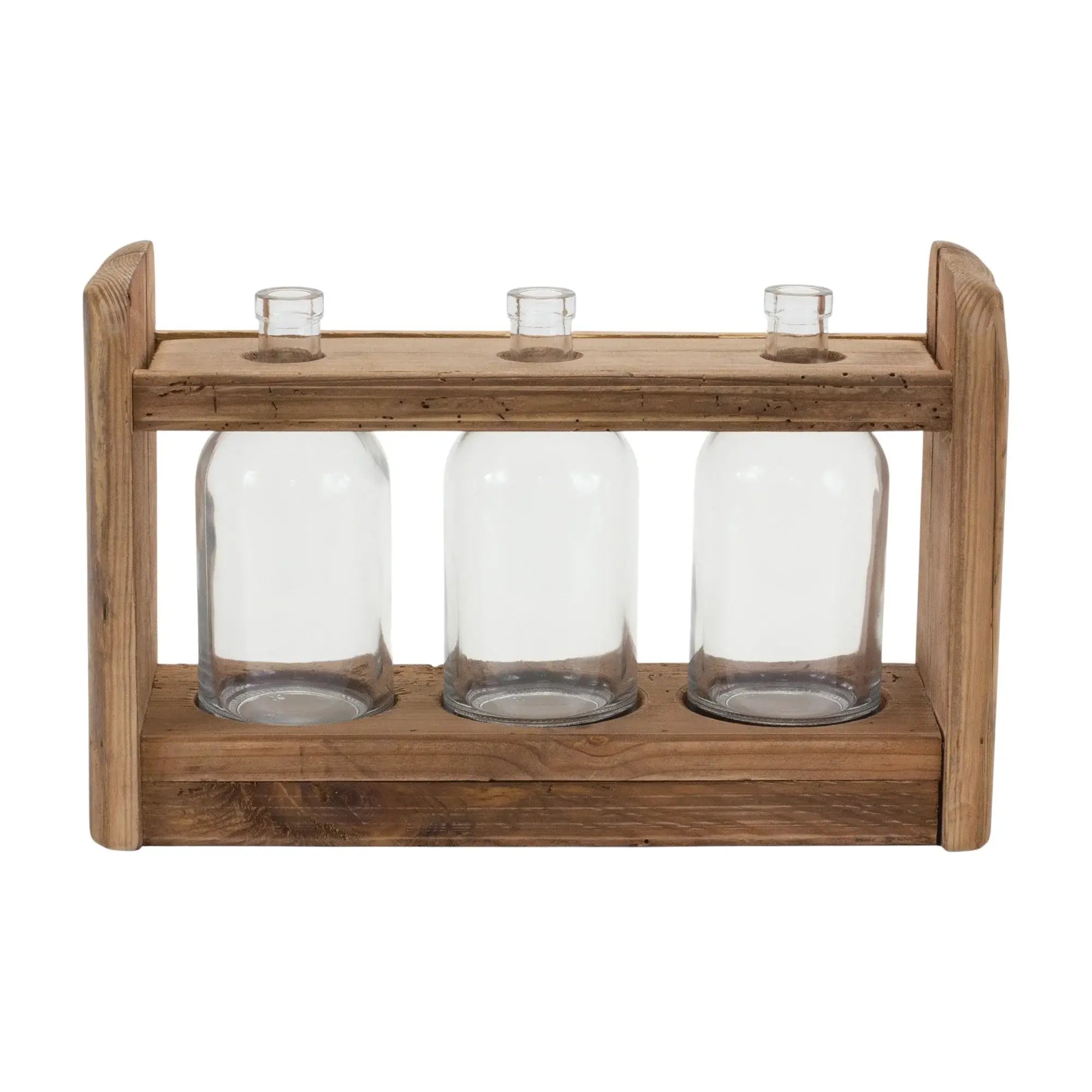 10" Clear And Brown Glass And Wood Three Bottle Table Vase - Homeroots - Flyclothing LLC