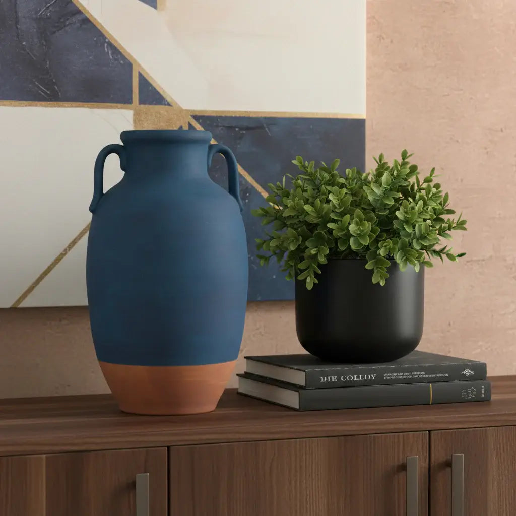 11" Blue And Terra Cotta Ceramic Urn Vase - Homeroots - Flyclothing LLC