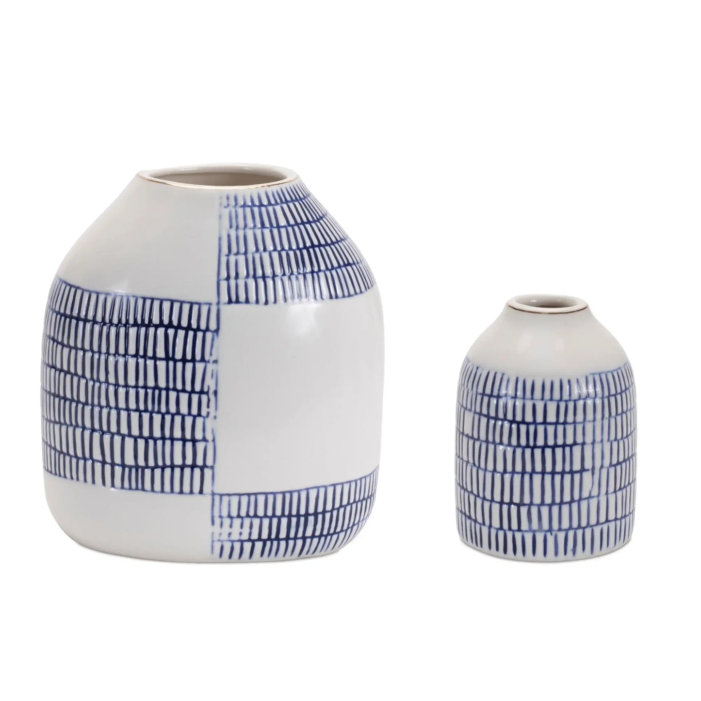 Set of Two Blue And White Checkered Ceramic Round Table Vases - Homeroots - Flyclothing LLC