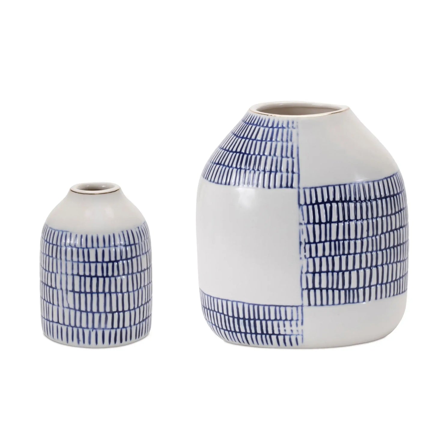 Set of Two Blue And White Checkered Ceramic Round Table Vases - Homeroots - Flyclothing LLC