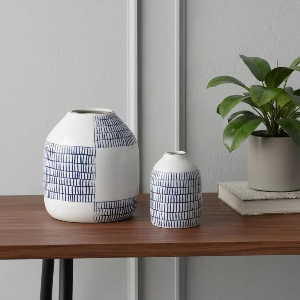 Set of Two Blue And White Checkered Ceramic Round Table Vases - Homeroots - Flyclothing LLC