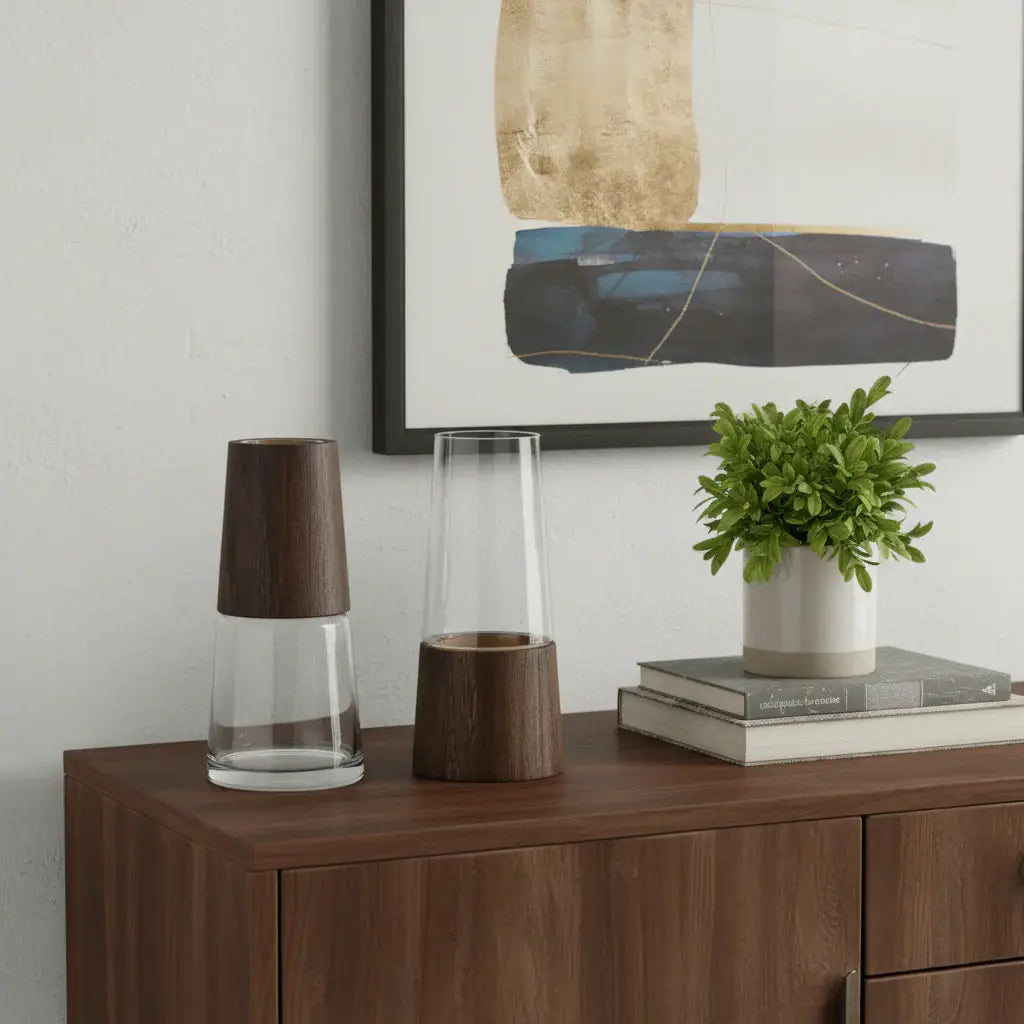 Set of Two Brown And Clear Glass Tapered Table Vases With Wood - Homeroots - Flyclothing LLC