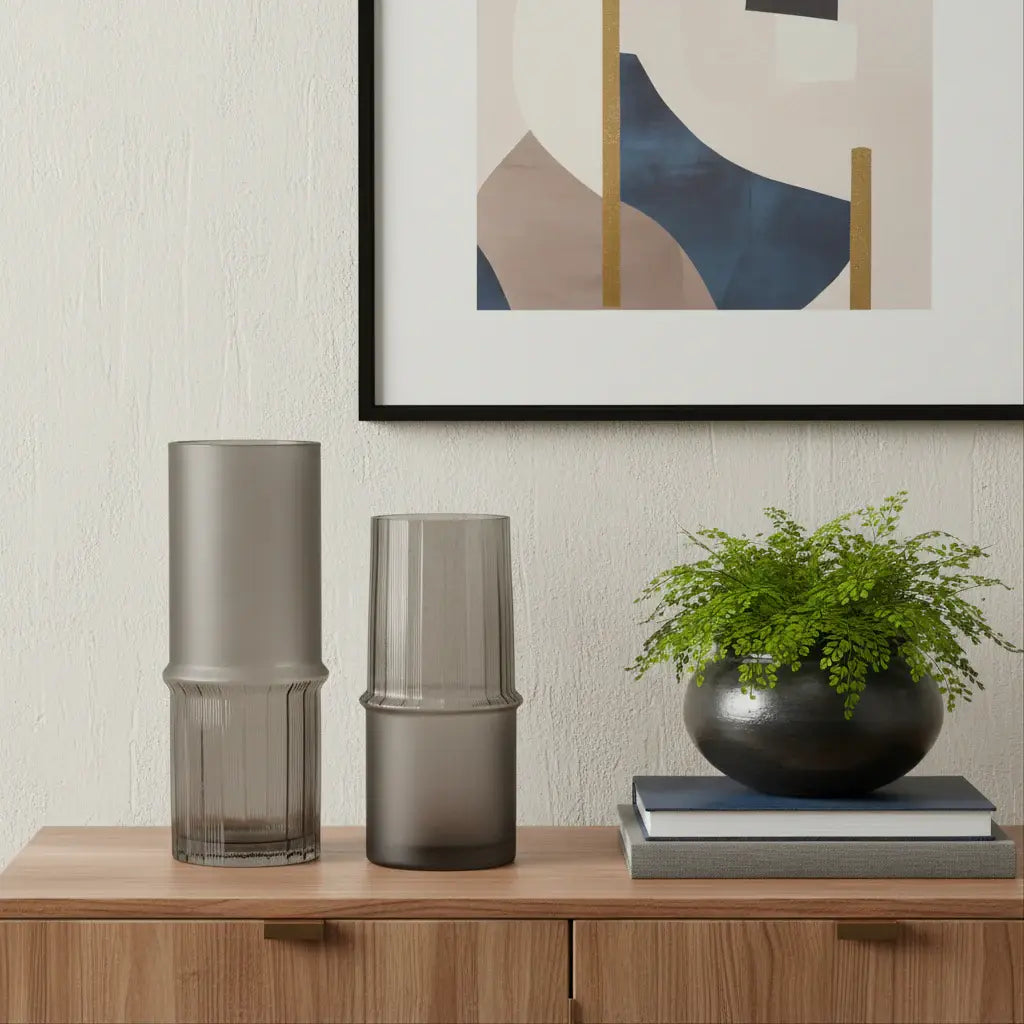 Set of Two Gray Glass Cylinder Table Vases - Homeroots - Flyclothing LLC