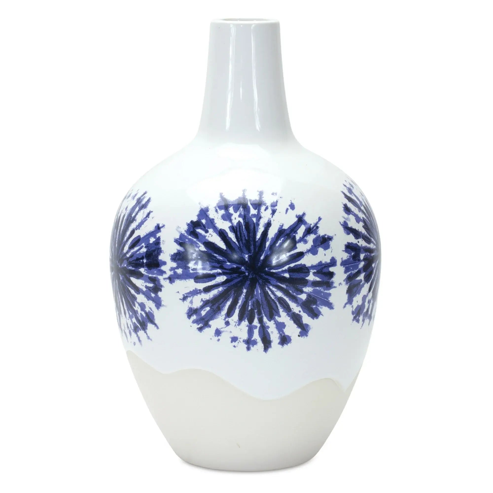 11" White And Blue Geometric Medallion Ceramic Urn Vase - Homeroots - Flyclothing LLC