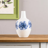 11" White And Blue Geometric Medallion Ceramic Urn Vase - Homeroots - Flyclothing LLC