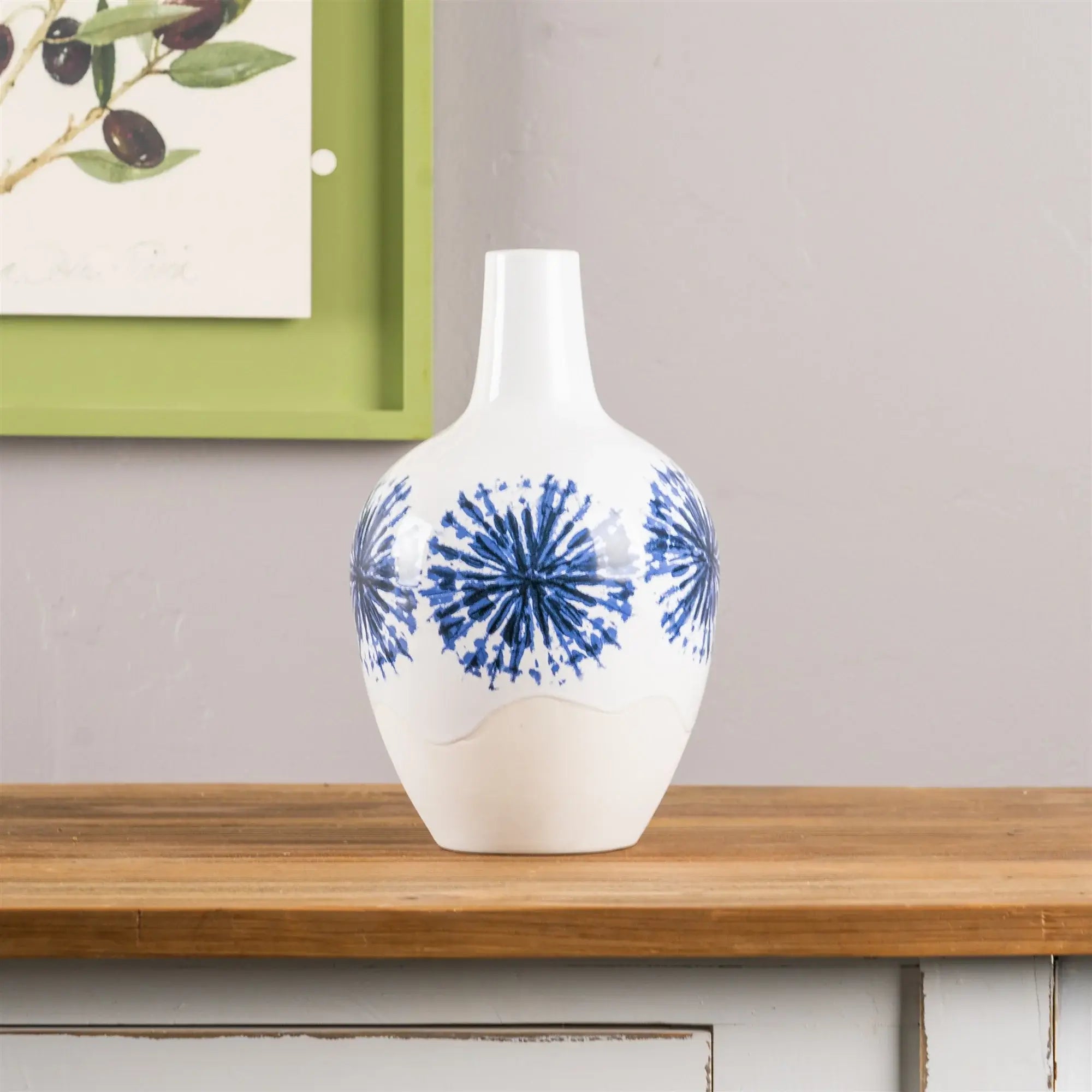 11" White And Blue Geometric Medallion Ceramic Urn Vase - Homeroots - Flyclothing LLC