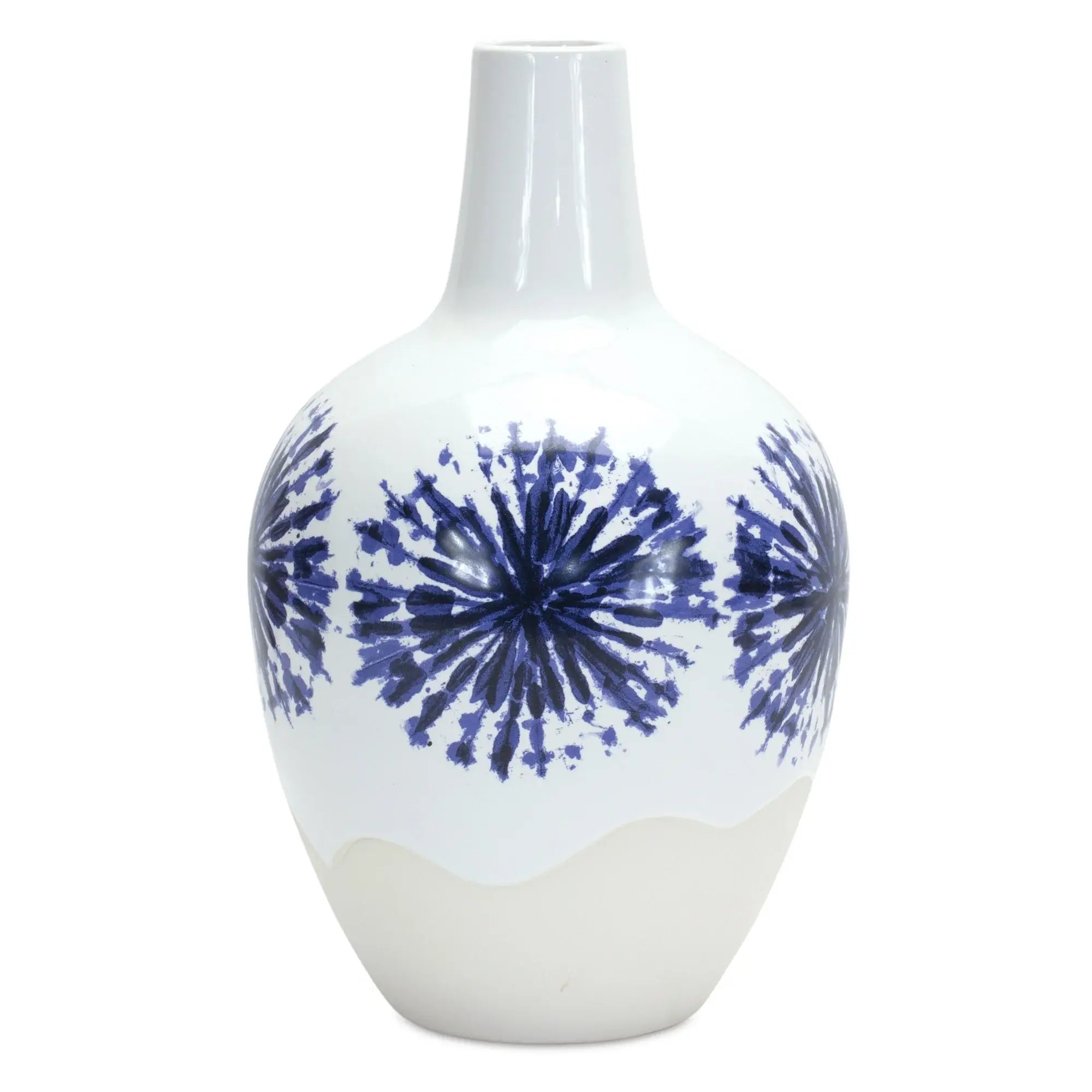 11" White And Blue Geometric Medallion Ceramic Urn Vase - Homeroots - Flyclothing LLC