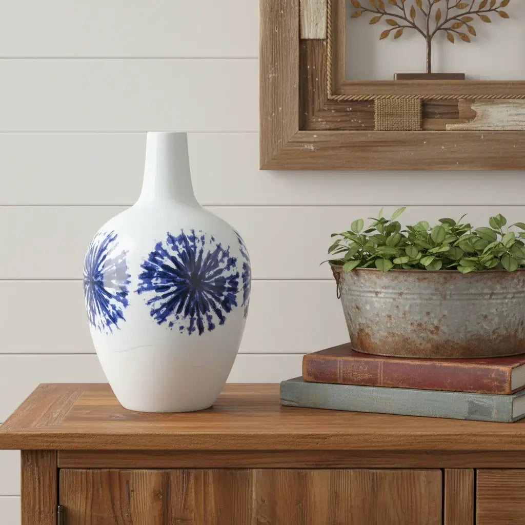 11" White And Blue Geometric Medallion Ceramic Urn Vase - Homeroots - Flyclothing LLC