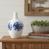 11" White And Blue Geometric Medallion Ceramic Urn Vase - Homeroots - Flyclothing LLC