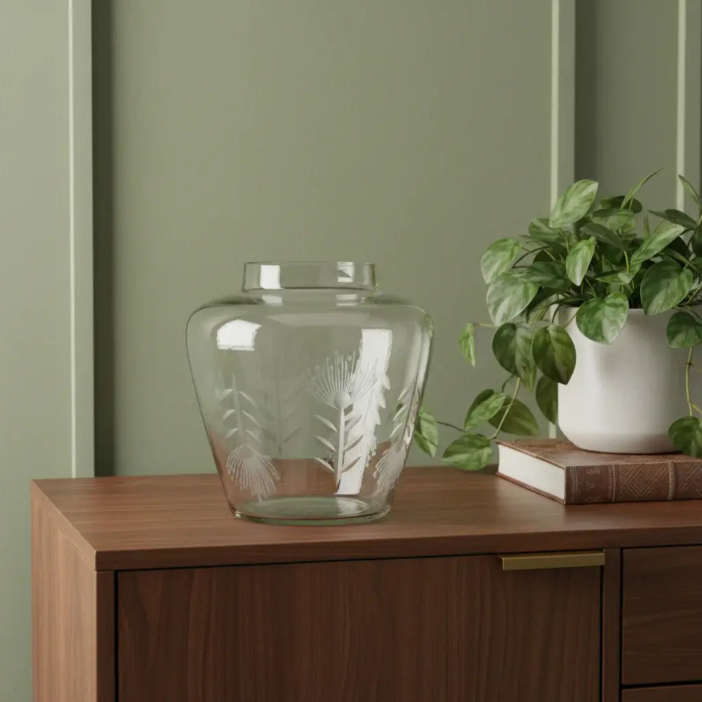 7" Clear Etched Leaf Glass Urn Table Vase - Homeroots - Flyclothing LLC