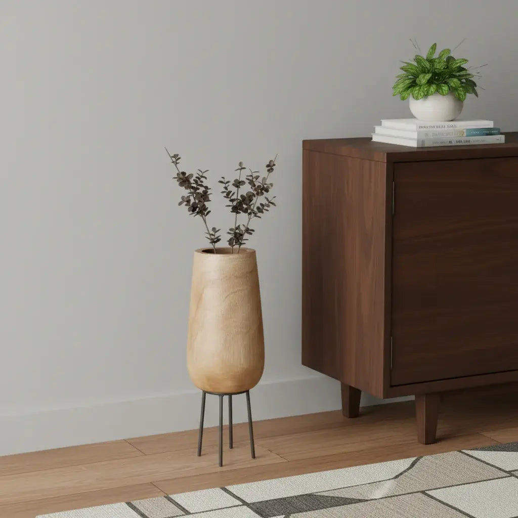 15" Natural Wood And Metal Cylinder Floor Vase - Homeroots - Flyclothing LLC