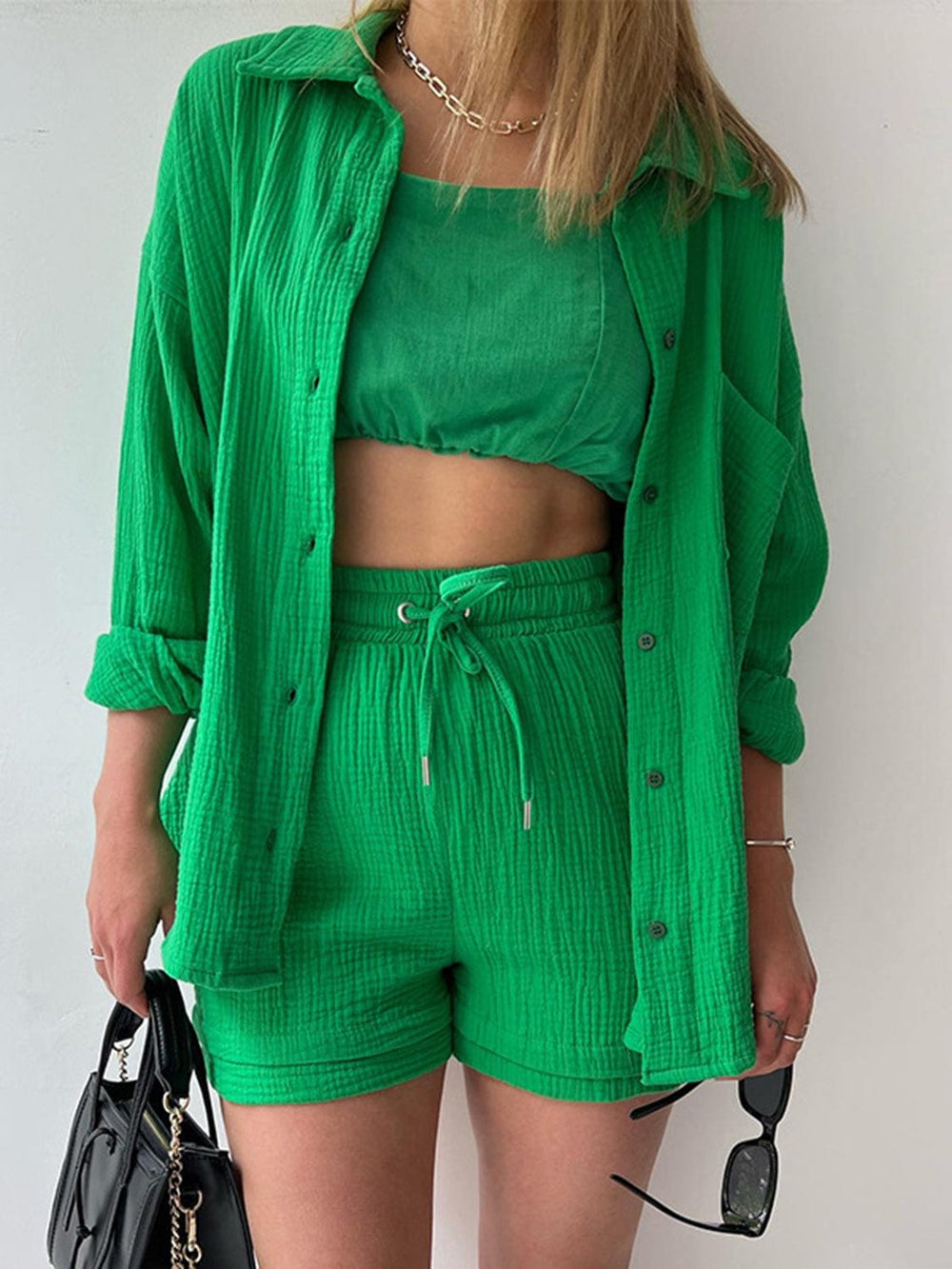 Texture Button Up Shirt and Drawstring Shorts Set - Trendsi