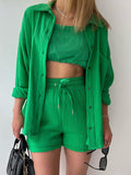 Texture Button Up Shirt and Drawstring Shorts Set - Trendsi