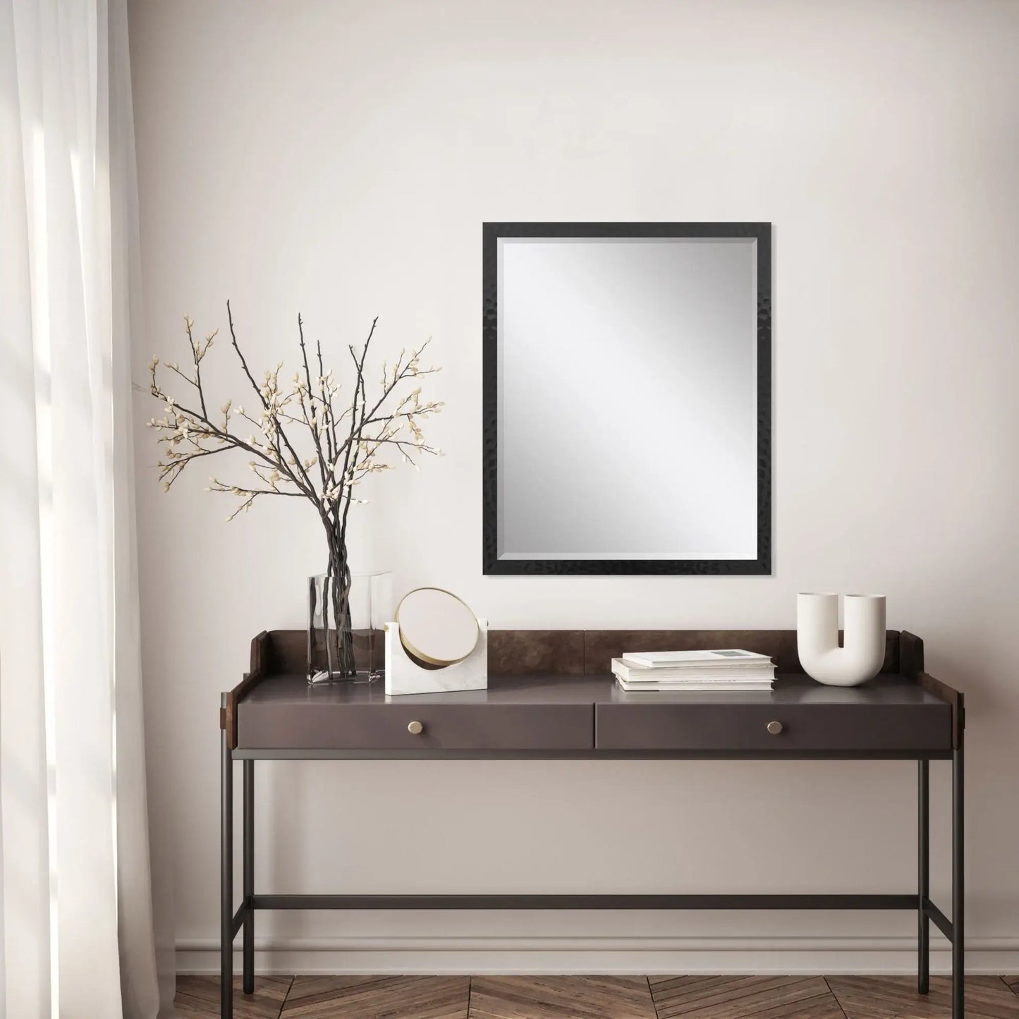30" Black Hammered Geometric Finish Framed Accent Mirror - Homeroots - Flyclothing LLC