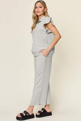 Double Take Texture Ruffle Short Sleeve Top and Drawstring Wide Leg Pants Set - Trendsi - Flyclothing LLC