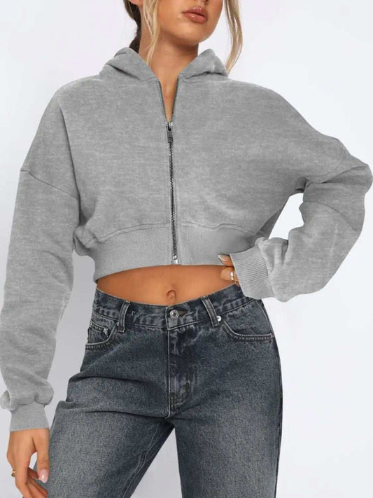 Zip Up Long Sleeve Hooded Cropped Jacket - Trendsi - Flyclothing LLC