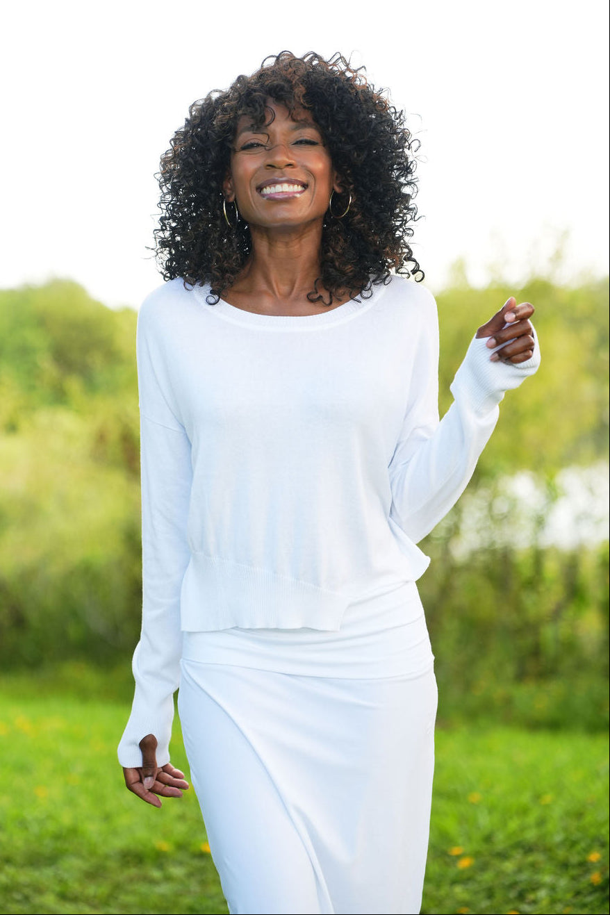 Pima Cotton Mini Knit Crewneck Sweater - White - PLANET by Lauren G - Flyclothing LLC