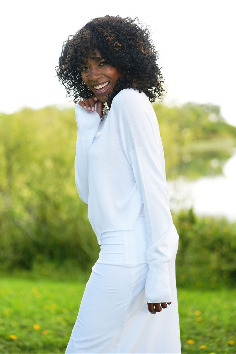 Pima Cotton Mini Knit Crewneck Sweater - White - PLANET by Lauren G - Flyclothing LLC