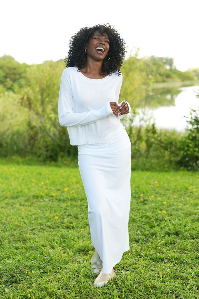 Pima Cotton Mini Knit Crewneck Sweater - White - PLANET by Lauren G - Flyclothing LLC