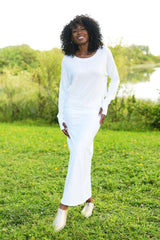 Pima Cotton Mini Knit Crewneck Sweater - White - PLANET by Lauren G - Flyclothing LLC