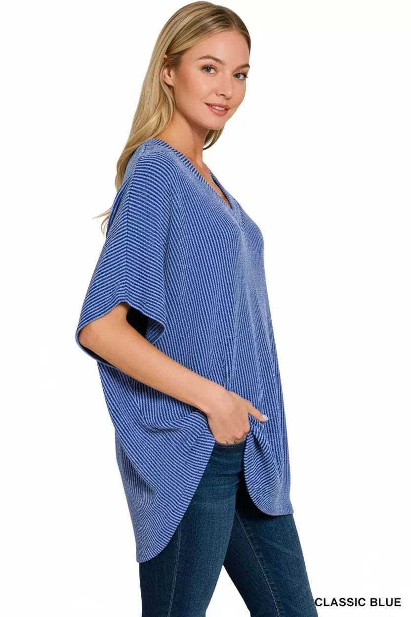 Zenana Raised Rib V-Neck Batwing Top - Trendsi - Flyclothing LLC