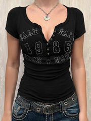 Devine Letter Notched Short Sleeve T-Shirt - Trendsi