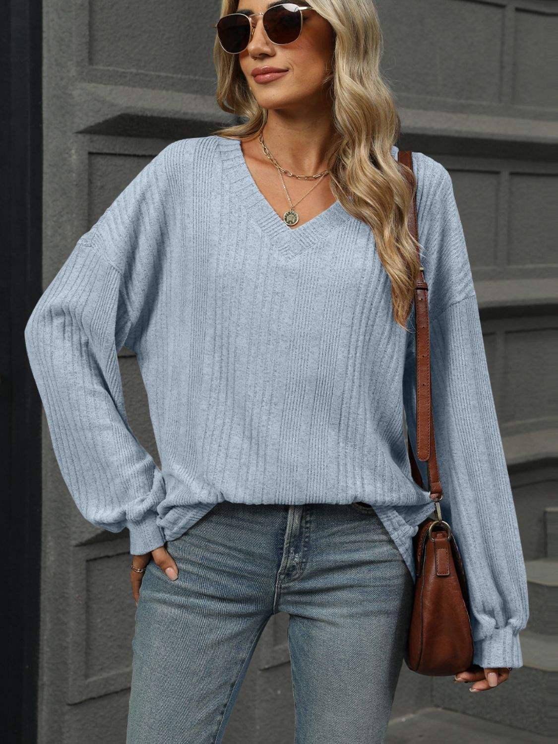 V-Neck Long Sleeve T-Shirt - Trendsi - Flyclothing LLC