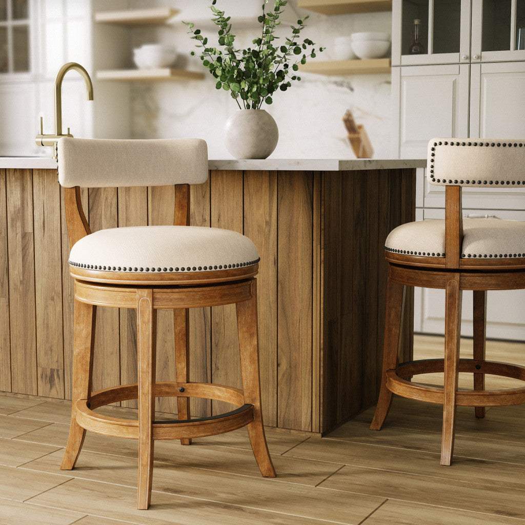 Linen and Brown Fabric and Solid Wood Low Back Counter Height Swivel Bar Chair - HomeRoots - Flyclothing LLC