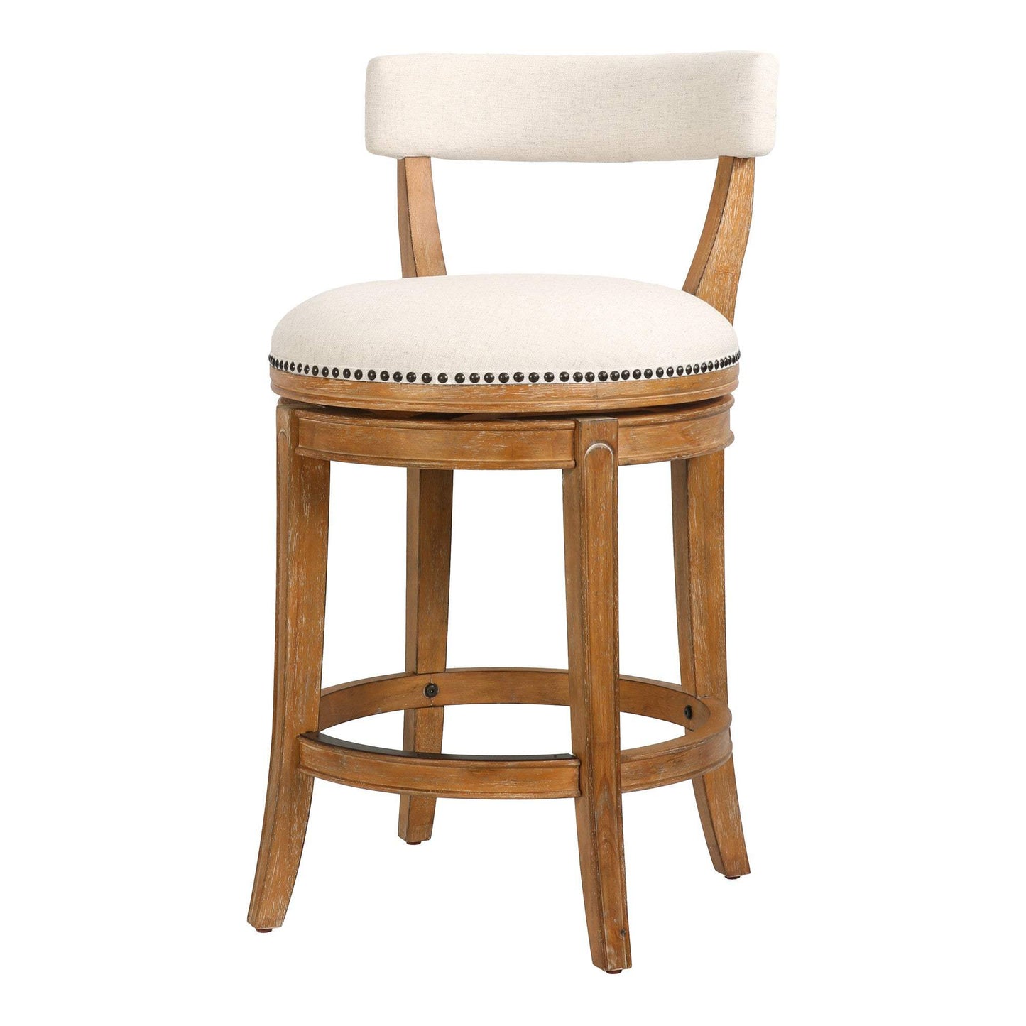 Linen and Brown Fabric and Solid Wood Low Back Counter Height Swivel Bar Chair - HomeRoots - Flyclothing LLC