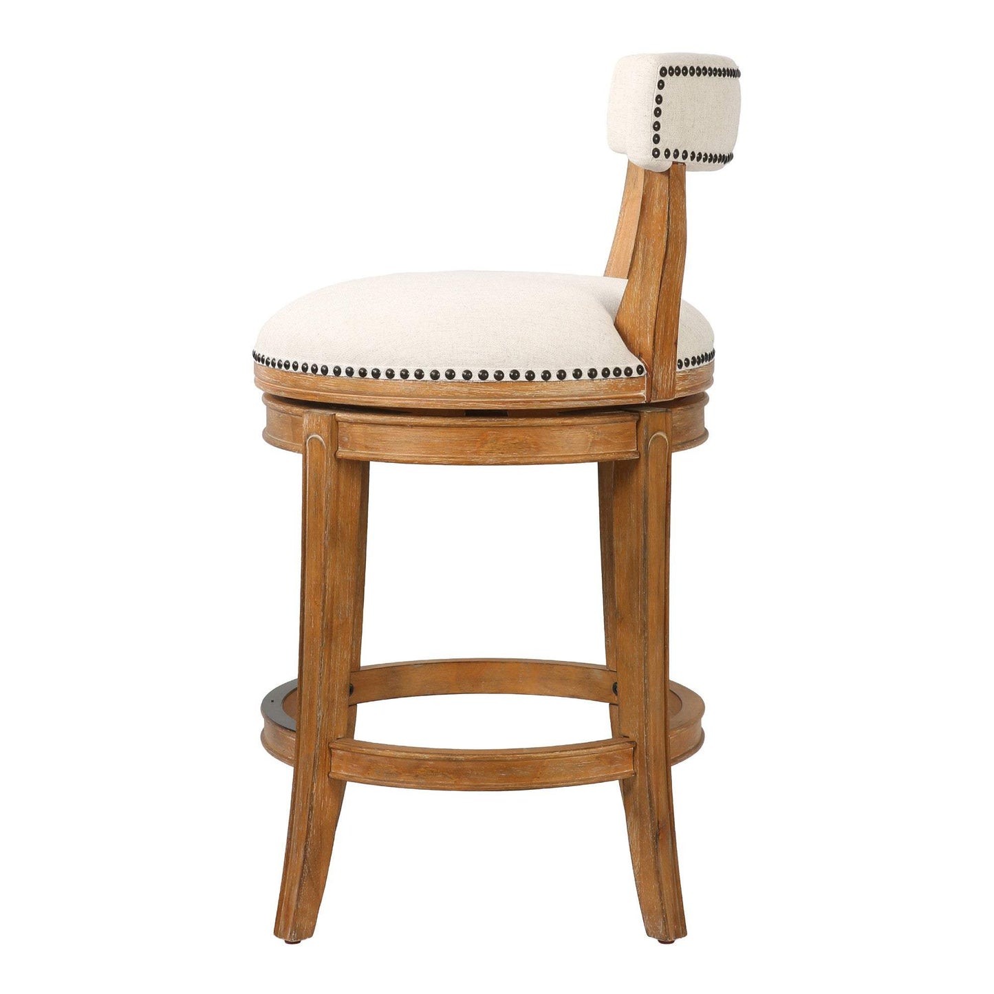 Linen and Brown Fabric and Solid Wood Low Back Counter Height Swivel Bar Chair - HomeRoots - Flyclothing LLC