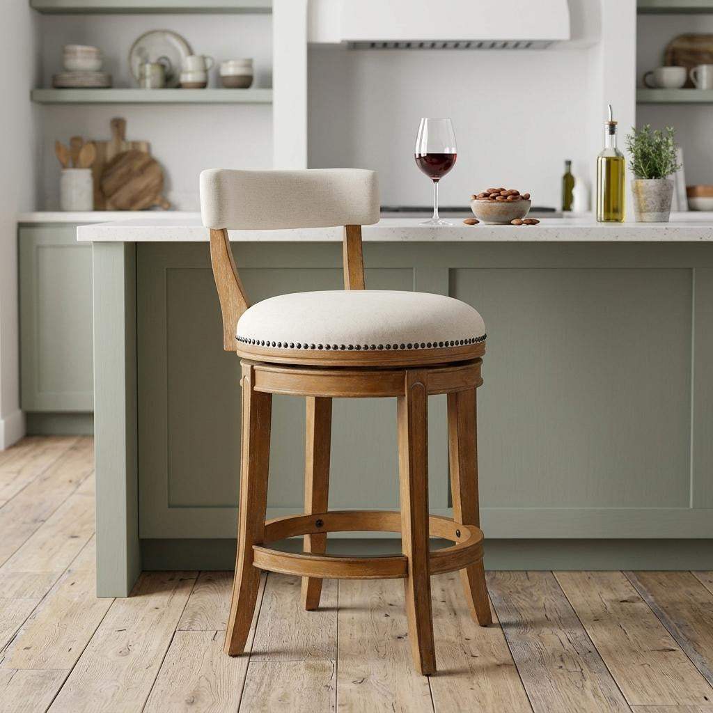 Linen and Brown Fabric and Solid Wood Low Back Counter Height Swivel Bar Chair - HomeRoots - Flyclothing LLC