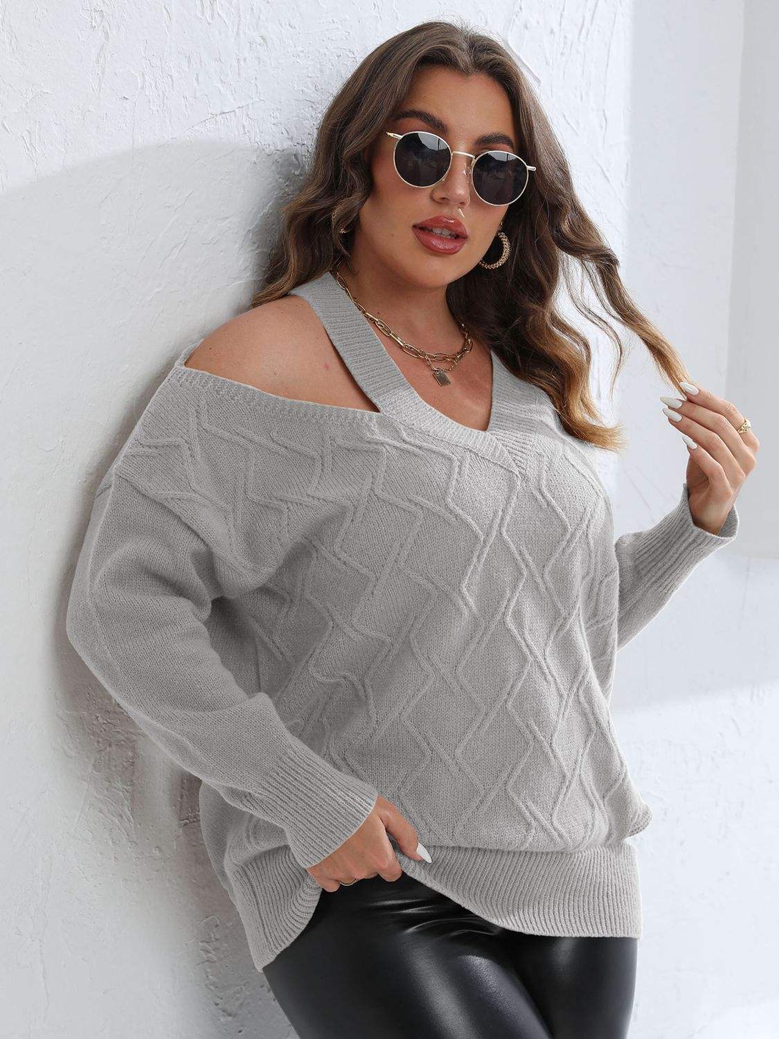 Plus Size Cutout V-Neck Sweater - Trendsi - Flyclothing LLC